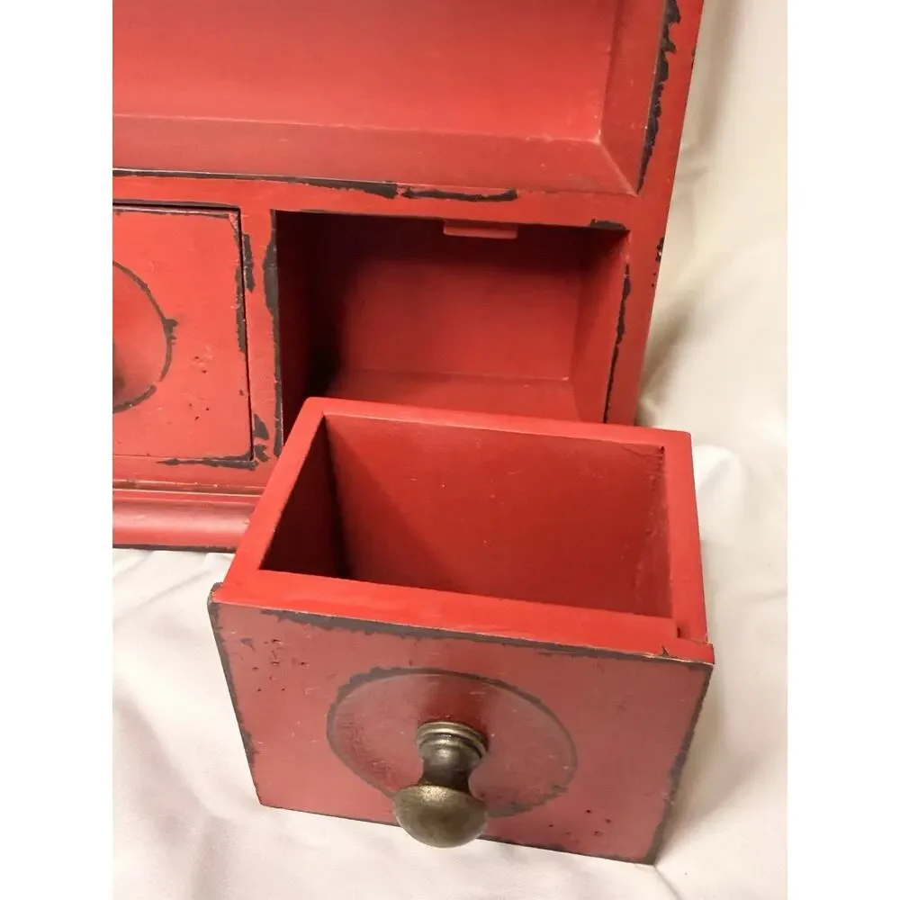 Vintage Red Wall Hanging Wooden Double Drawer Mini Cabinet Shelf Farmhouse Decor